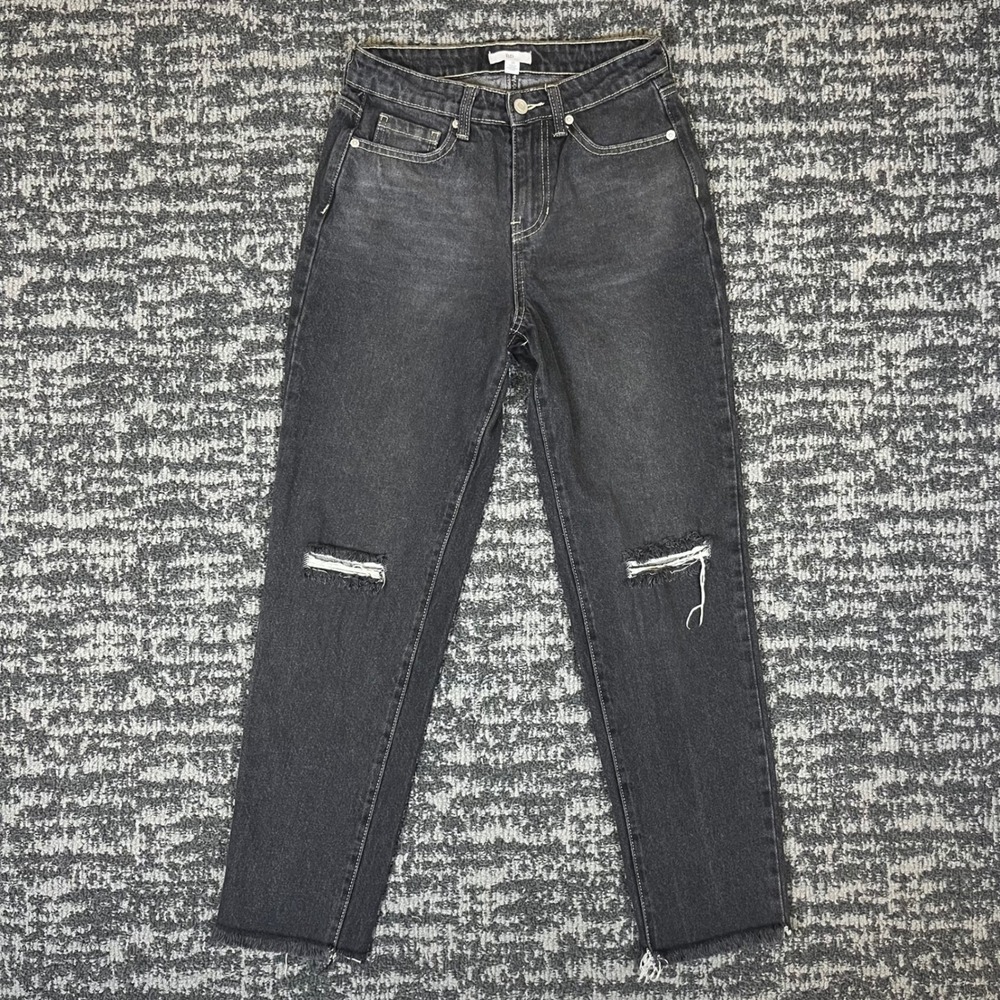 BP Mom Jeans Womens 26 Black Distressed High Waisted Ripped Raw Hem Denim
